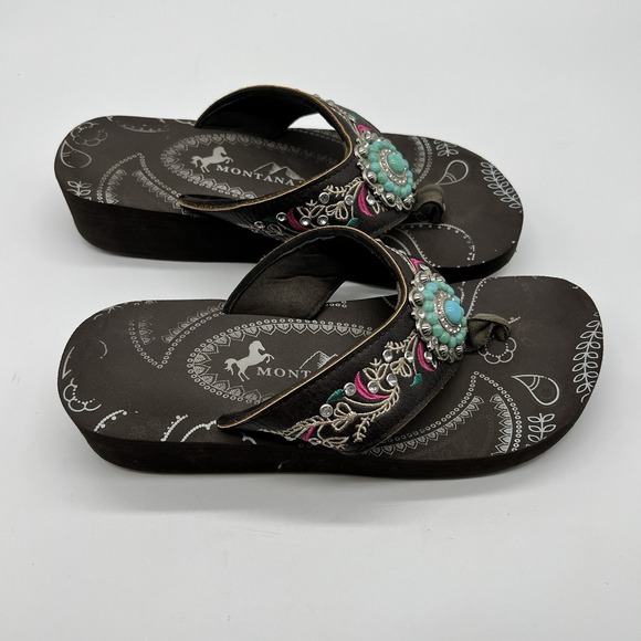Montana West Flip-Flops Size 9 Brown Turquoise & Rhinestones Sandals - Picture 2 of 6